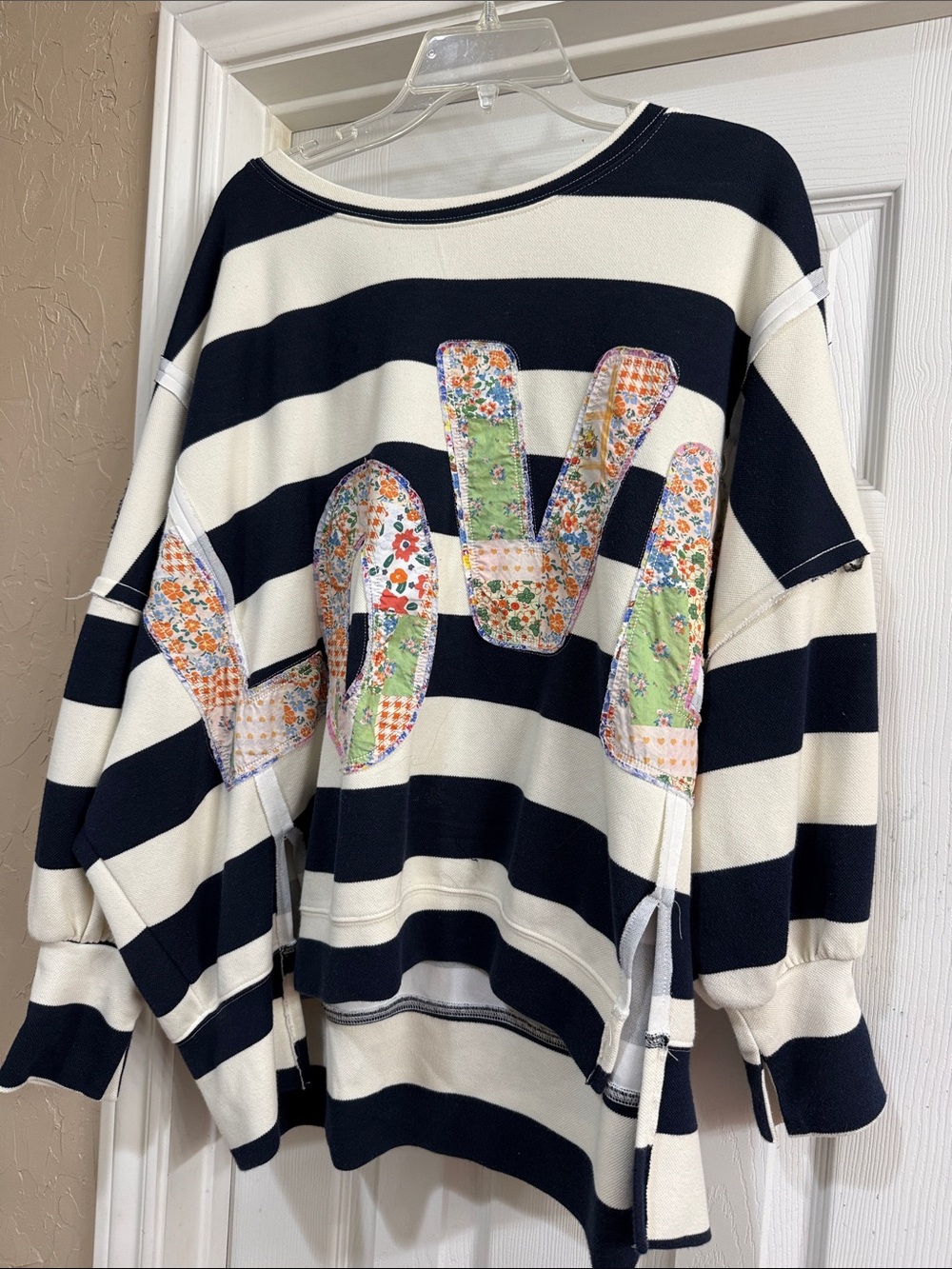 BiBi Navy and White Striped Pullover Sweatshirt with Floral Patchwork